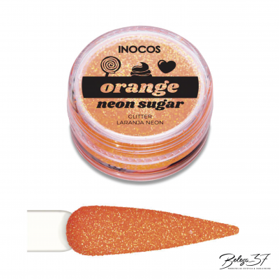 Pote pequeno de glitter laranja neon com etiqueta e aplicador laranja brilhante