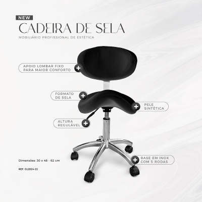 Cadeira de sela preta com apoio lombar e base em inox com 5 rodas