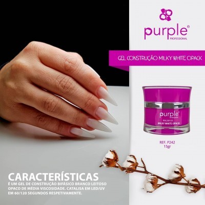 Mão com unhas brancas stiletto ao lado de pote de gel para unhas da Purple Professional