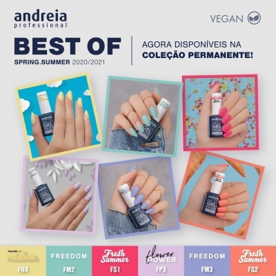 Mãos femininas com unhas pintadas de verniz gel em várias cores segurando frascos de gel da andreia professional com fundo colorido e texto promocional