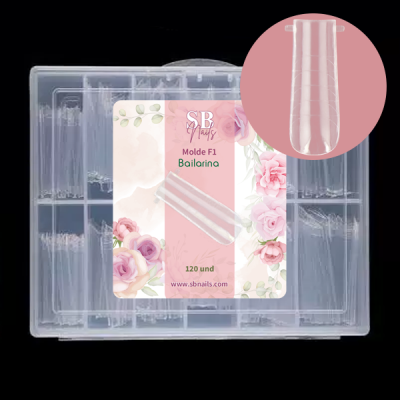 Estojo com unhas postiças transparentes tipo bailarina e rótulo decorado