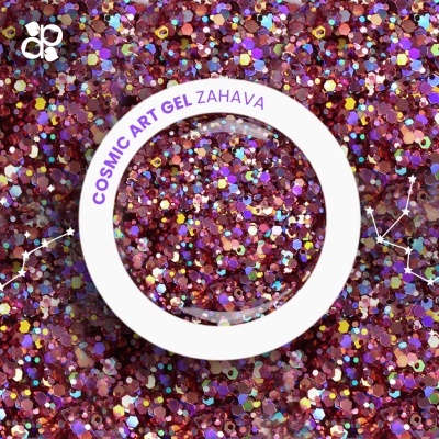 Potinho de gel para arte com glitter multicolorido em fundo glitter roxo e dourado