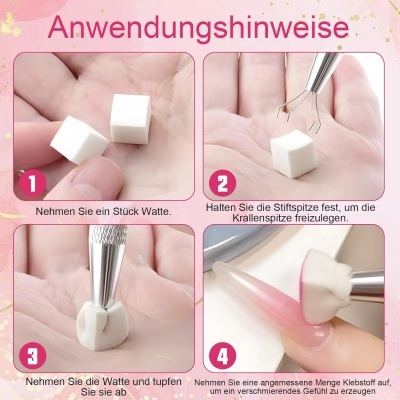 Instruções para uso de algodão e ferramenta metálica para aplicação de adesivo em unha artificial