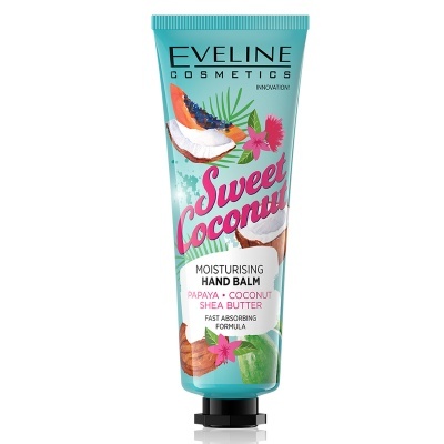 Frasco de creme hidratante para mãos Eveline Cosmetics Sweet Coconut com imagem de papaia, coco e folhas tropicais