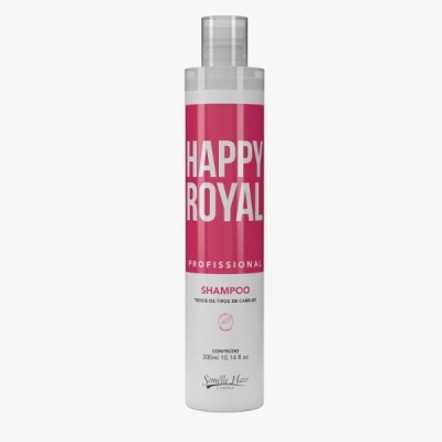 Frasco branco e vermelho de shampoo Happy Royal Profissional de 300ml