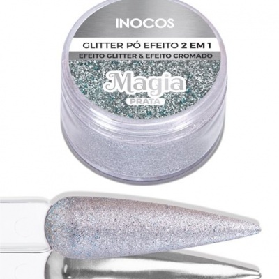 Pó glitter prateado INOCOS em recipiente redondo com amostras do efeito glitter e cromado