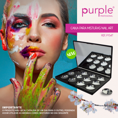 Caixa para misturas Nail Art com rosto pintado e texto promocional da Purple Professional