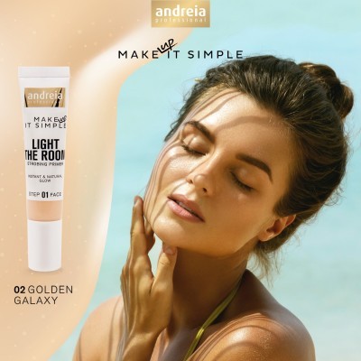 Tubo de creme facial branco com rótulo dourado e mulher com pele bronzeada num fundo azul.