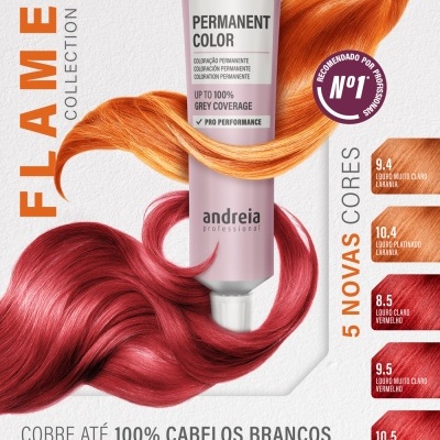 Embalagem de creme colorante Andreia Flame Collection com cores cobre e vermelho, texto em português e inglês