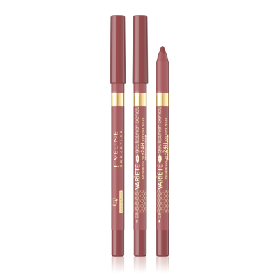 Três lápis de lábios rosa nude da Eveline Cosmetics com texto Impede borrar e Variette 24h lipliner pencil.