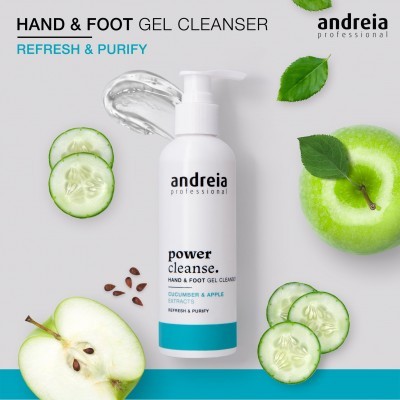 Frasco de gel cleanser para mãos e pés com detalhe de maçã e pepino