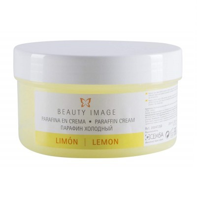 Frasco de creme de parafina amarelo com tampa branca e rótulo com texto em várias línguas