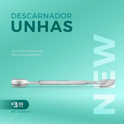 Descarnador unhas de aço inoxidável com texto descritivo em fundo verde