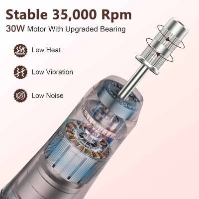 Motor elétrico metálico com texto sobre características técnico-operacionais