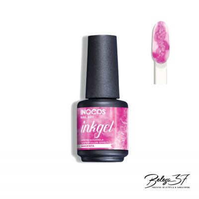 Frasco de verniz para unhas rosa magenta Inocos com amostra da cor e logo Beleza 37