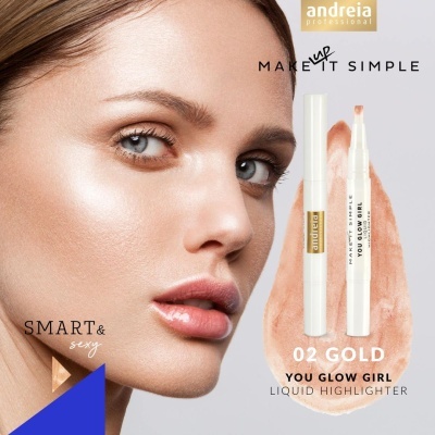 Caneta líquida iluminadora Andreia Professional 02 Gold com rosto feminino