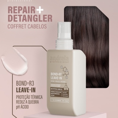 Spray leave-in Andreia Professional BOND=R3 branco com fundo rosa e cabelo castanho