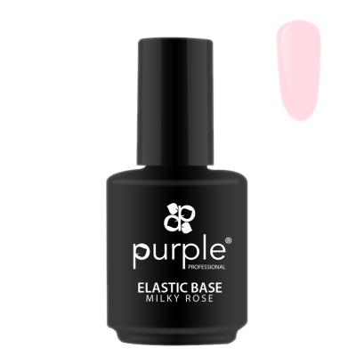 Frasco preto de verniz de unhas Purple Elastic Base Milky Rose com amostra de cor rosa claro