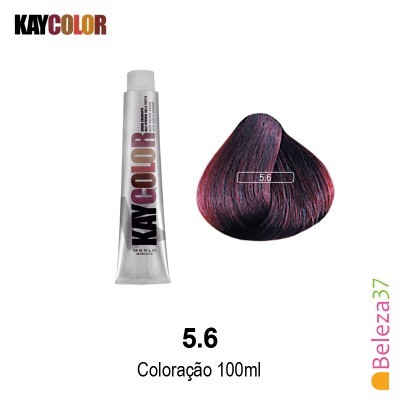 tubo de tinta capilar KayColor e amostra de cabelo na cor 5.6