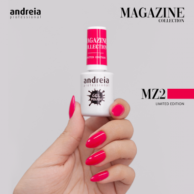 Verniz gel andreia professional Magazine Collection MZ2 cor rosa, mão com unhas pintadas