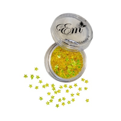 Caixa pequena de purpurina amarela em forma de estrelas com tampa transparente