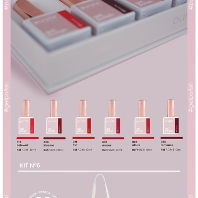 Conjunto de vernizes gel Purple Professional com 6 cores, bolsa de algodão e toalha bordada em fundo rosa