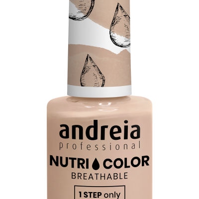 Frasco de verniz de unha bege da Andreia Nutri Color com tampa decorada e texto VEGAN