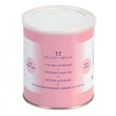 Lata rosa e branca de cera para depilação Beauty Image com tampa branca.