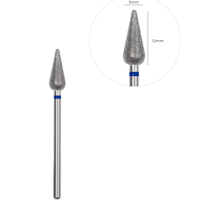 Ferramenta de manicure cónica prateada com anel azul e medidas destacadas
