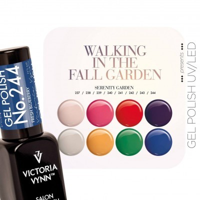 Garrafa de verniz gel Victoria Vynn azul com paleta de cores variadas para unhas.