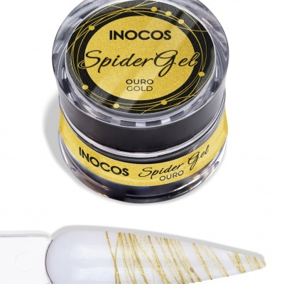 Pote de gel para unhas Inocos Spider Gel Ouro Gold com amostra de unha branca com linhas douradas