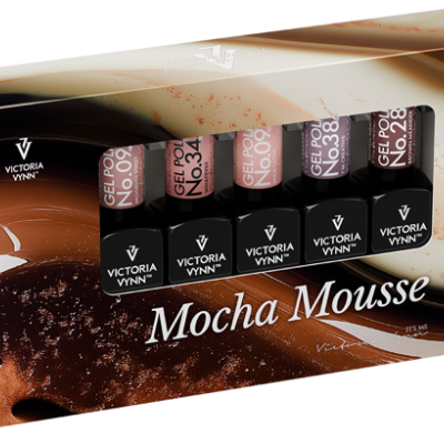 Conjunto de vernizes Victoria Vynn Mocha Mousse com cinco frascos em embalagem castanha e bege