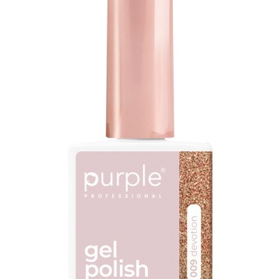 Frasco de verniz gel roxo com tampa rosa metálica e rótulo glitter