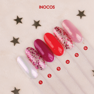 Amostras de verniz de unhas INOCOS com diferentes cores e brilhos numeradas de 1 a 6 em fundo bege com estrelas pretas.