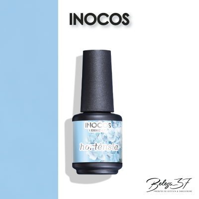 Frasco de verniz gel INOCOS hortênsia com tampa preta e rótulo azul com flores