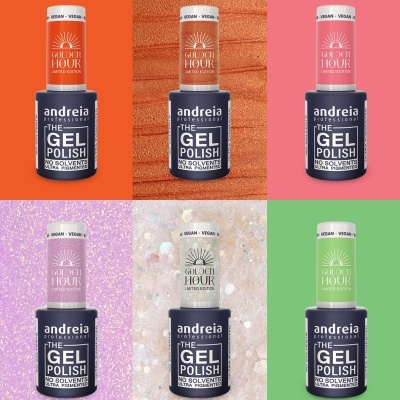 Seis esmaltes de gel Andreia com tampas coloridas e etiquetas GH1 a GH6