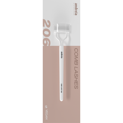 Pente branco para pestanas em embalagem branca e castanha com texto