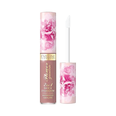 Batom líquido Eveline Cosmetics Flower Garden 2 in 1 Base & Eyeshadow em embalagem rosa com flores