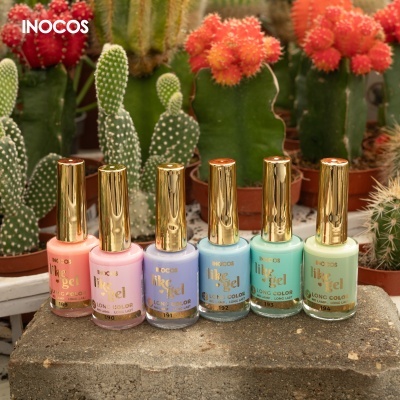 Seis frascos de verniz de unhas colorido com tampas douradas em frente a cactos