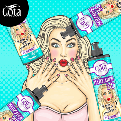 Produtos Matizador 3D Platinum da Gota Cosméticos com ilustração de mulher loira e fundo azul