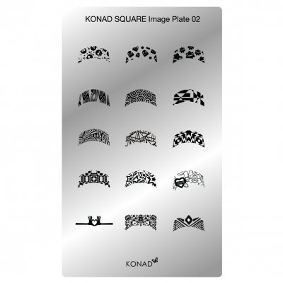 Placa metálica para carimbos de unhas com vários padrões pretos.