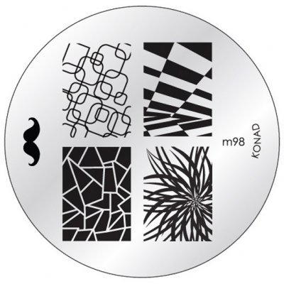 Disco metálico redondo com designs geométricos e texto KONAD m98