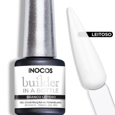 Frasco de verniz gel branco leitoso com amostra da cor