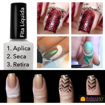 Frasco de Fita Líquida para unhas com instruções e exemplos de uso em unhas decoradas.