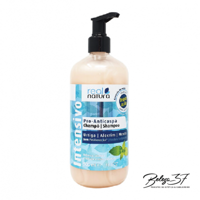 Frasco de champô Real Natura Pro-Anticaspa azul e branco com válvula preta