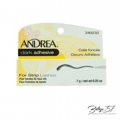 Cola escura para pestanas de tira Andrea dark adhesive em embalagem amarela e branca