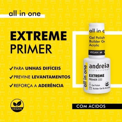 Frasco de primer para unhas andreia professional com texto informativo em fundo amarelo