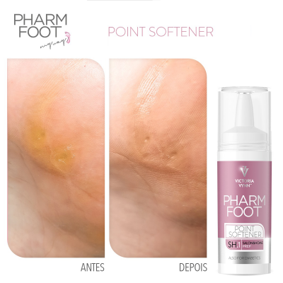 Produto PHARM FOOT POINT SOFTENER para suavizar calcanhares com antes e depois da aplicação