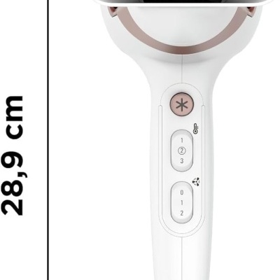 Secador de cabelo branco com detalhes em rosa e botões de controle visíveis
