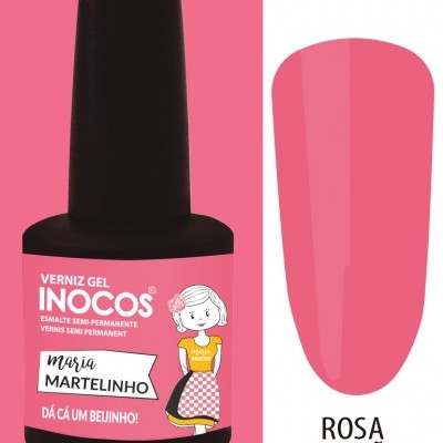 Frasco de verniz gel rosa salmão Inocos com rótulo e ilustração de rapariga